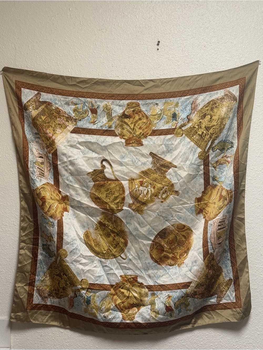 Scarf  Throw with Gold Vase Motif - Beige and Light Blue